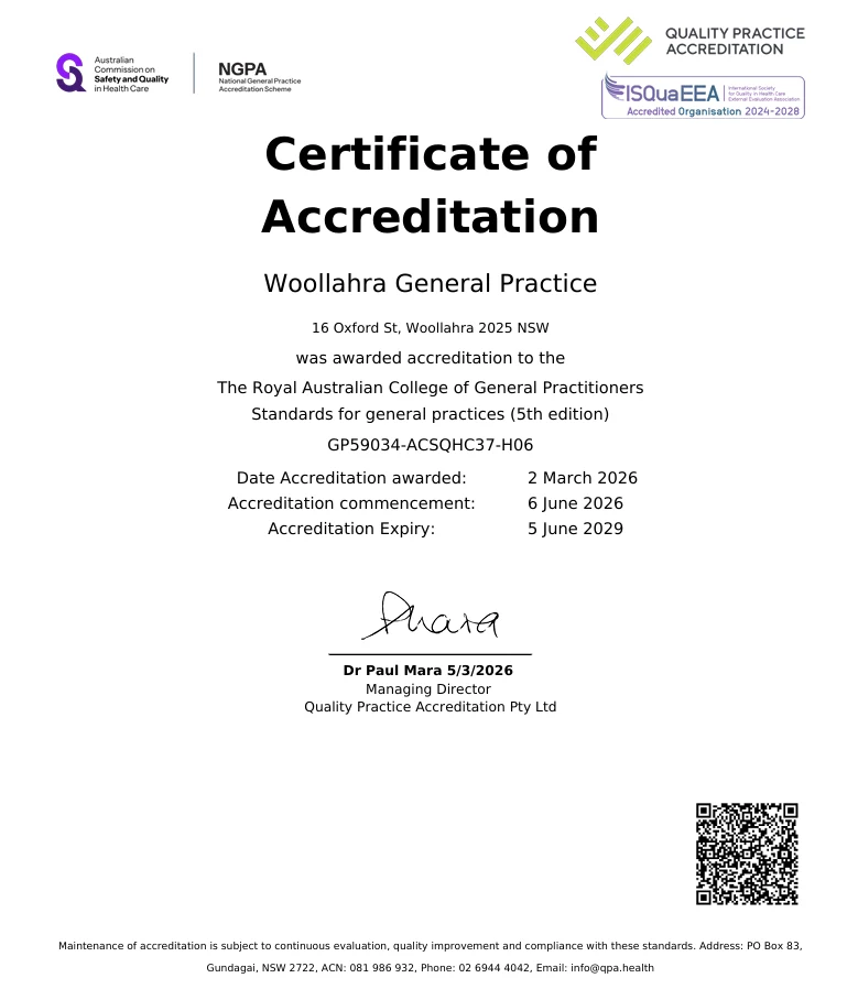 Certificate of Accreditation for Woollahra General Practice, awarded to the RACGP Standards for general practices, 5th edition, by Quality Practice Accreditation.